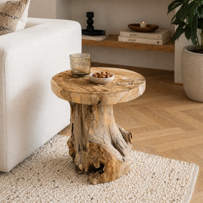 Boomstam bijzettafel van teak hout.