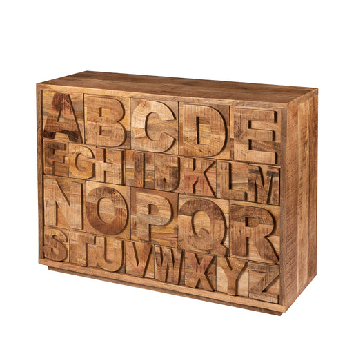 Dressoir van massief mangohout met 26 laden die elk een letter vertegenwoordigen.