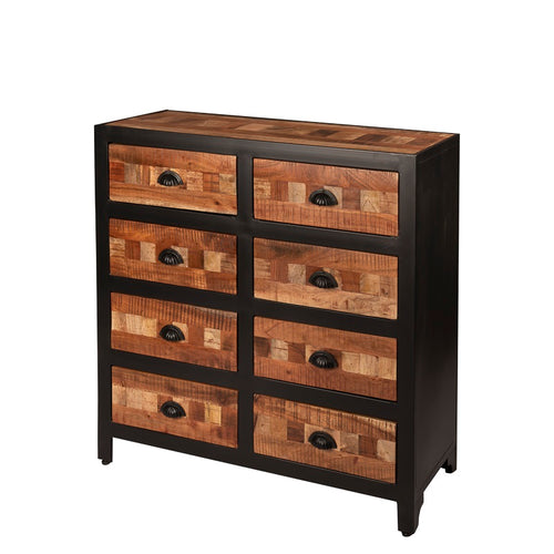 Het vntage dressoir Arnold heeft 8 laden met een handgreep en een speelse combinatie van mangohout kleuren.