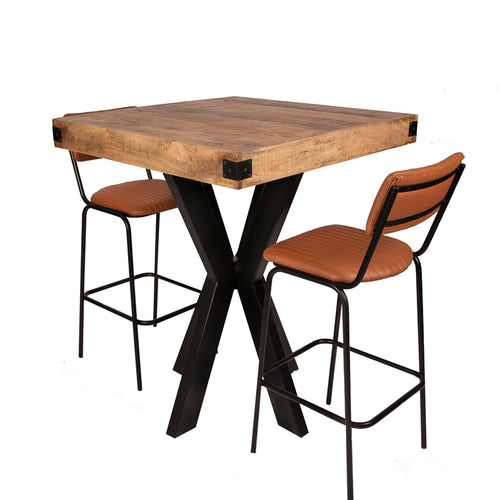 Mangohouten bartafel met een zwart ijzeren onderstel.