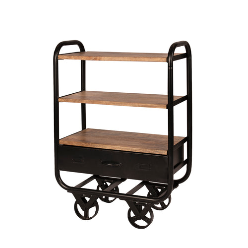 Verrijdbare industriële keukentrolley Belmondo gemaakt van staal gelakt in zwart en met legborden van mangohout