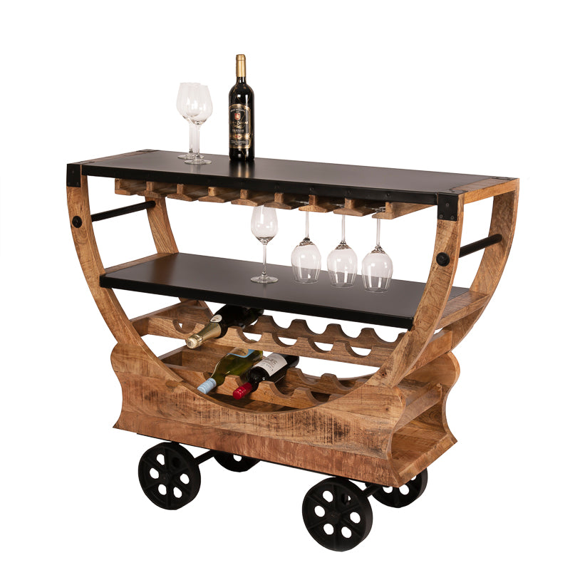 De industrieel vormgegeven wijnkar Louis biedt uitgebreide mogelijkheden om een  wijnassortiment te presenteren.