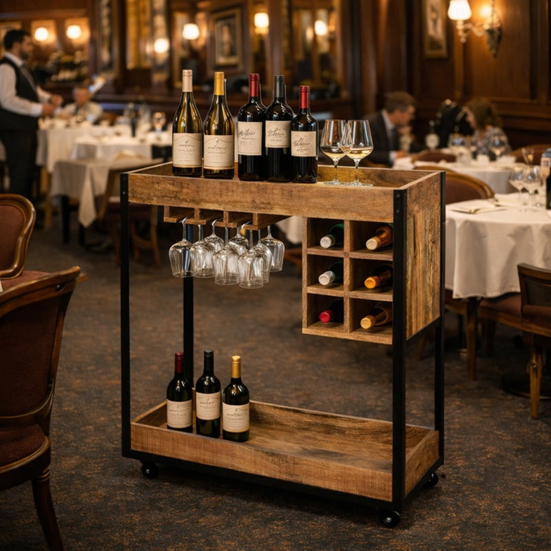 Sfeer afbeelding van de Bordeaux wijnkar in restaurant omgeving.