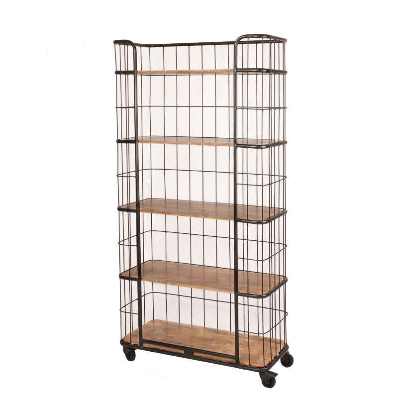 De hoge industriële Cage Five gaaskar heeft 4 zwenkwielen en 5 etages van massief mangohout. 