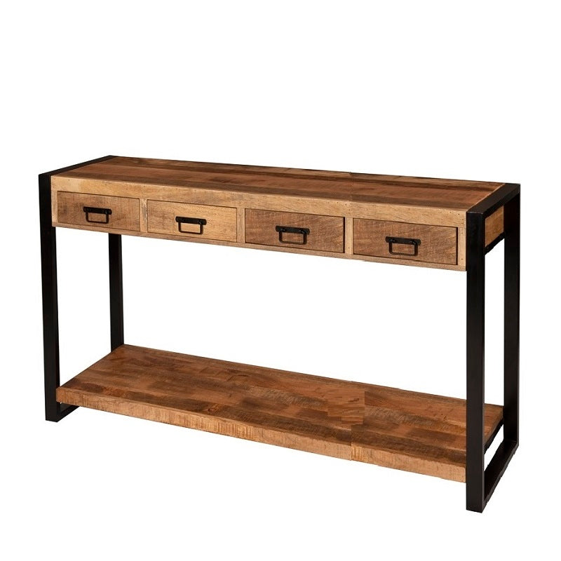 Dressoir van mangohout en handvaten met stalen handgrepen.