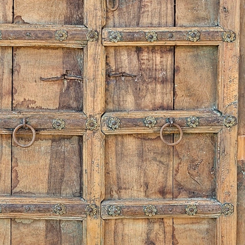 Detail van de teak houten deuren uit India.