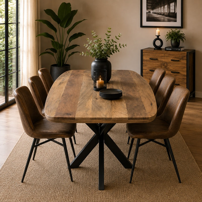 Rustiek klassieke mangohouten tafel met een metalen stalen onderstel in het zwart.
