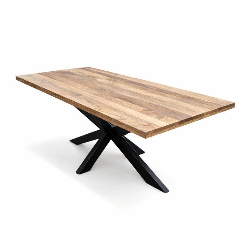 Bovenaanzicht van de Dine Fine 200 keukentafel met mango blad en een zwart onderstel.