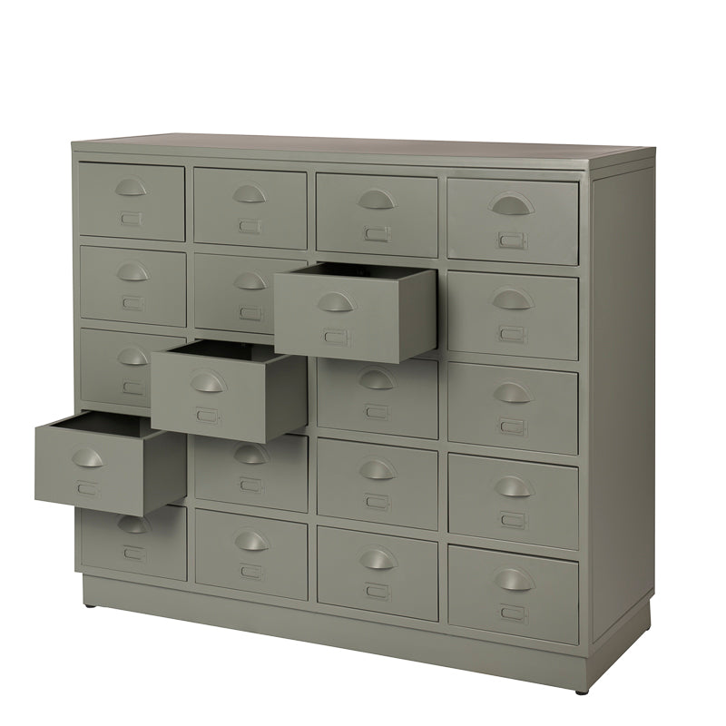 Refurbished look vintage ladekast met 20 laden in de kleur grijs.