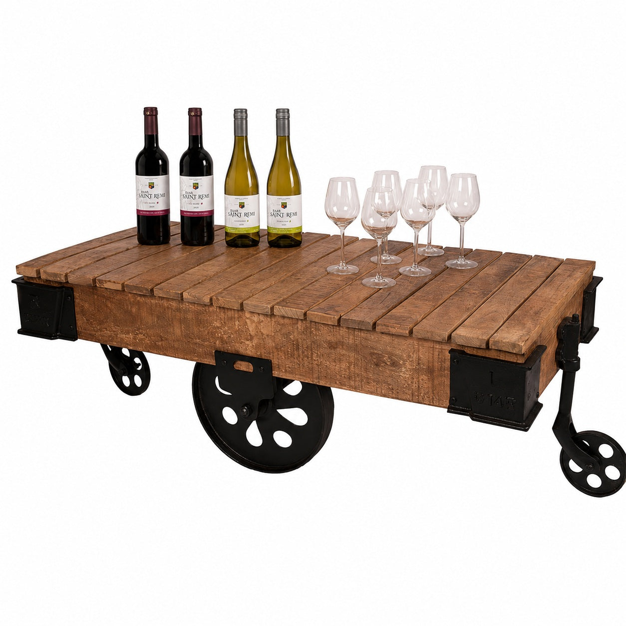 Treinwagon stijl rankenkar van gietijzer en hout.