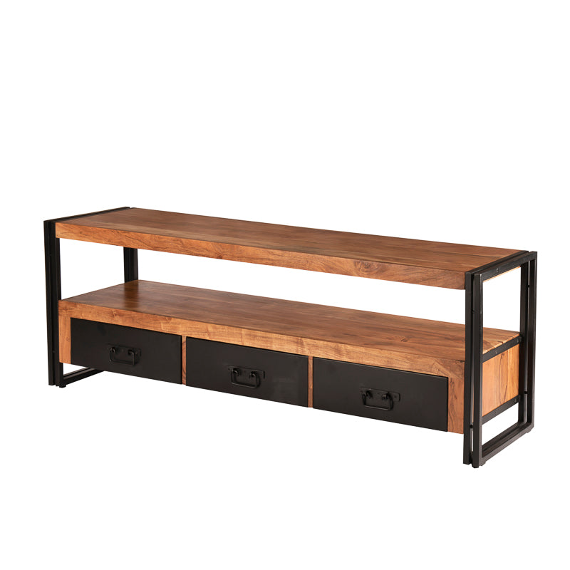 Industrieel tv-meubel  met donker mangohout en zwarte laden staand op een stalen zwart gelakt frame.