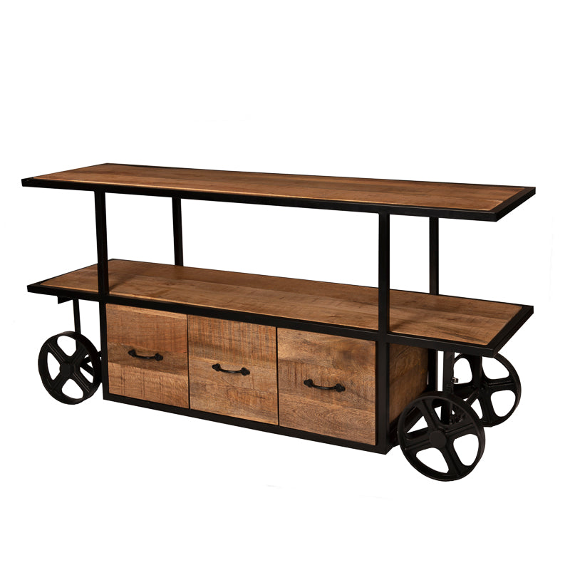 TV-meubel van mangohout en een stalen frame met grote wielen uitgevoerd met 3 laden.