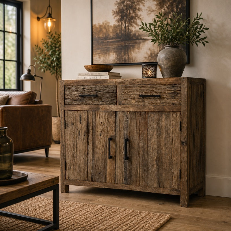 Dit dressoir van reclaimed woord heeft 2 lade en 2 deuren.