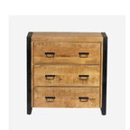 Dressoir van mangohout en een zwart stalen framewerk.