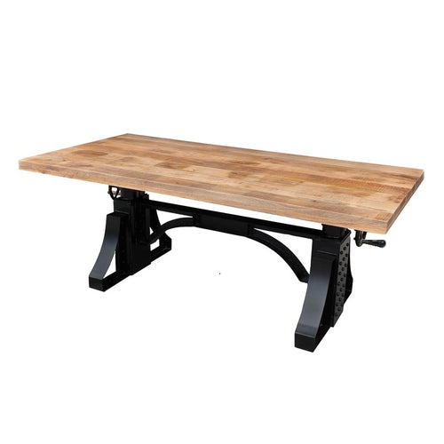 De verstelbare tafel King Lord met mangoblad heeft mede door het gebruik van vintage materialen de ultieme industriële uitstraling. 