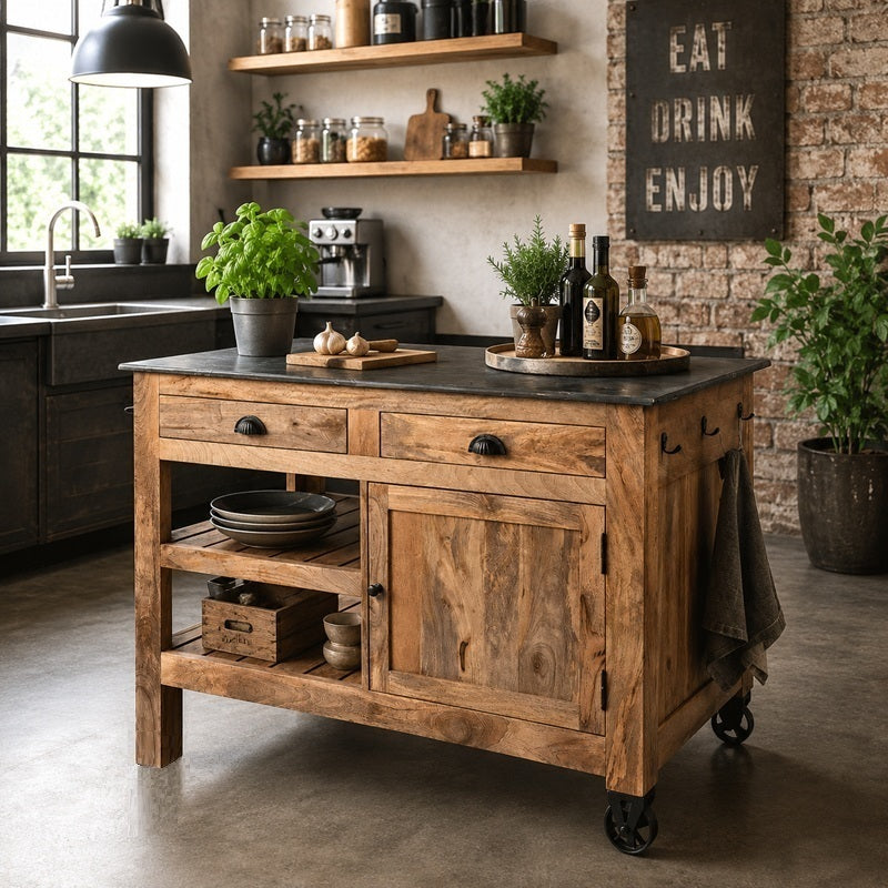 Hout keukenblok van mangohout en een marmer blad, lade en een kast.