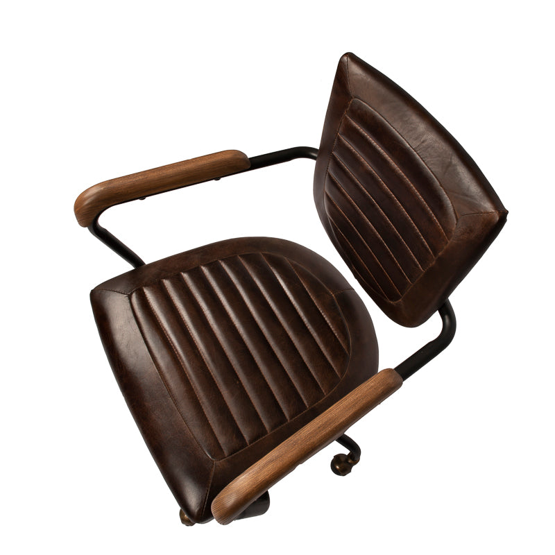 Vintage bureaustoel Murphy met lederen zit en rug gecomneerd met houten armleggers.