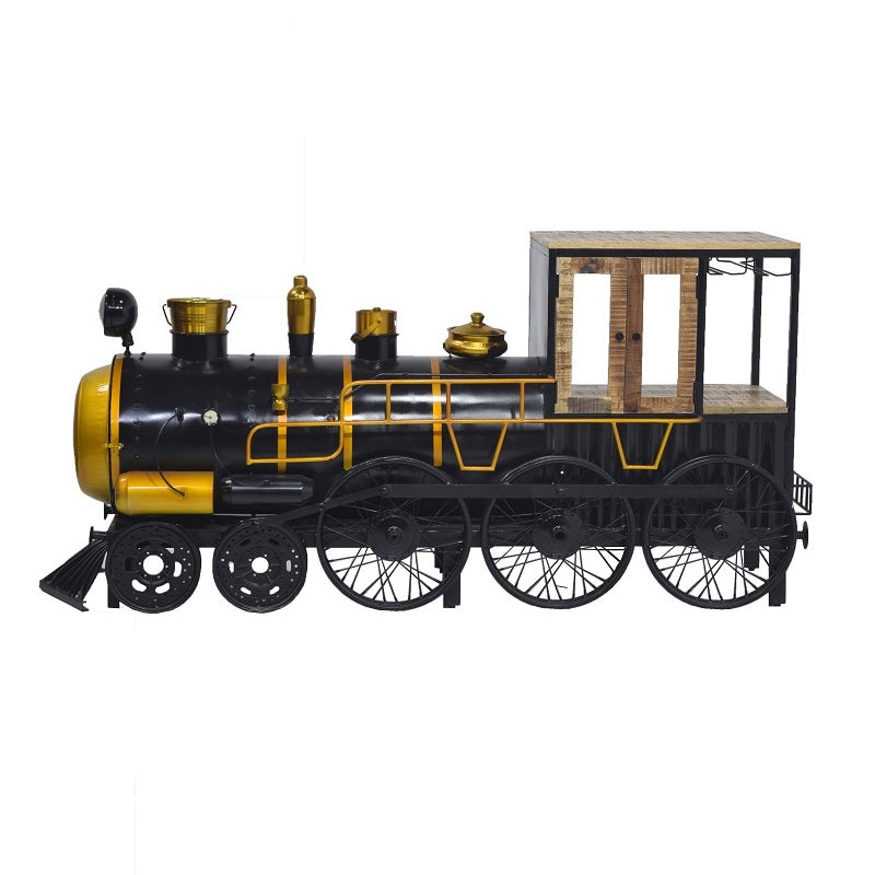 Goud en zwart gelakte trein wijnbar van mangohout en metaal.