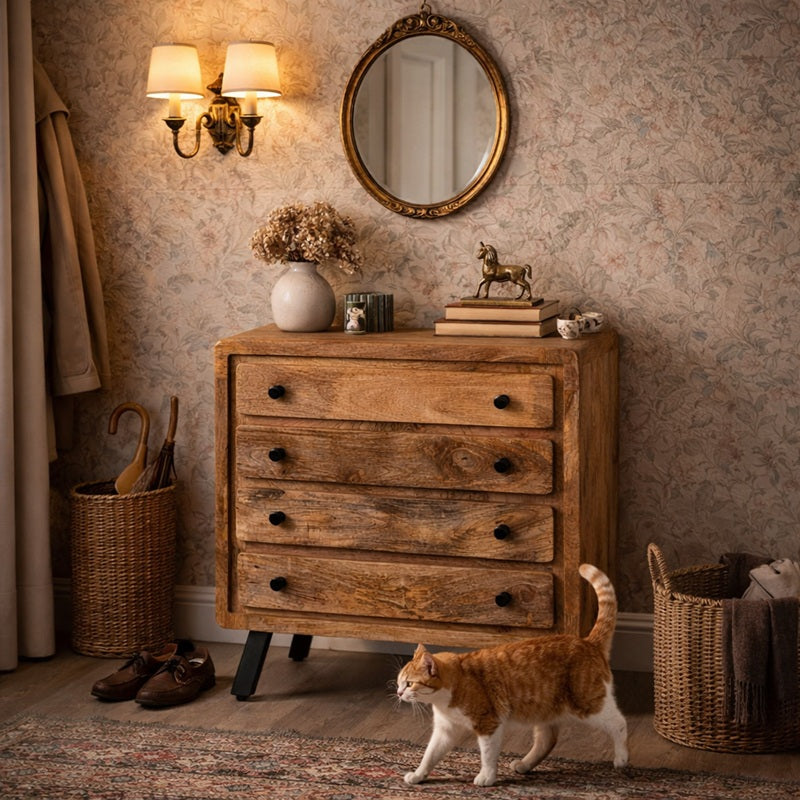 Mangohouten dressoir ladekast met 4 laden.