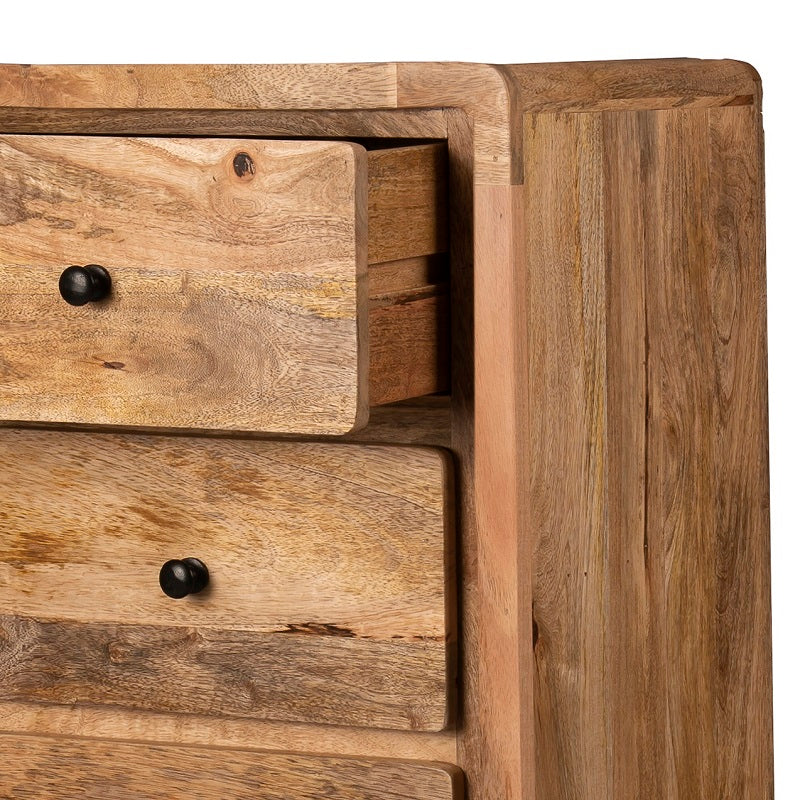Detail van de mangohouten ladekast met 5 lade.