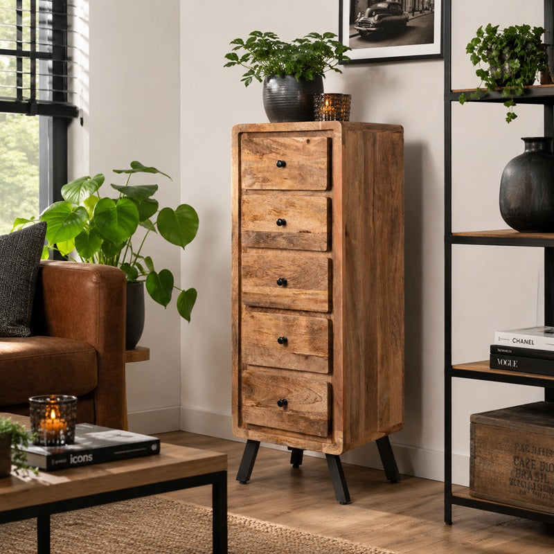 Mango houten ladekast met regelbare voetjes en 5 lade.