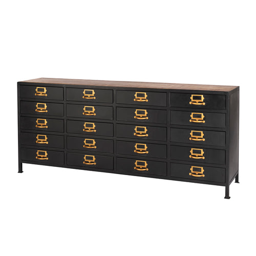 Vintage look zwart dressoir met goud look handgrepen en etikethouders.