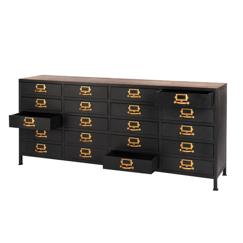 Retro look ladekast op pootjes en een houten topblad.