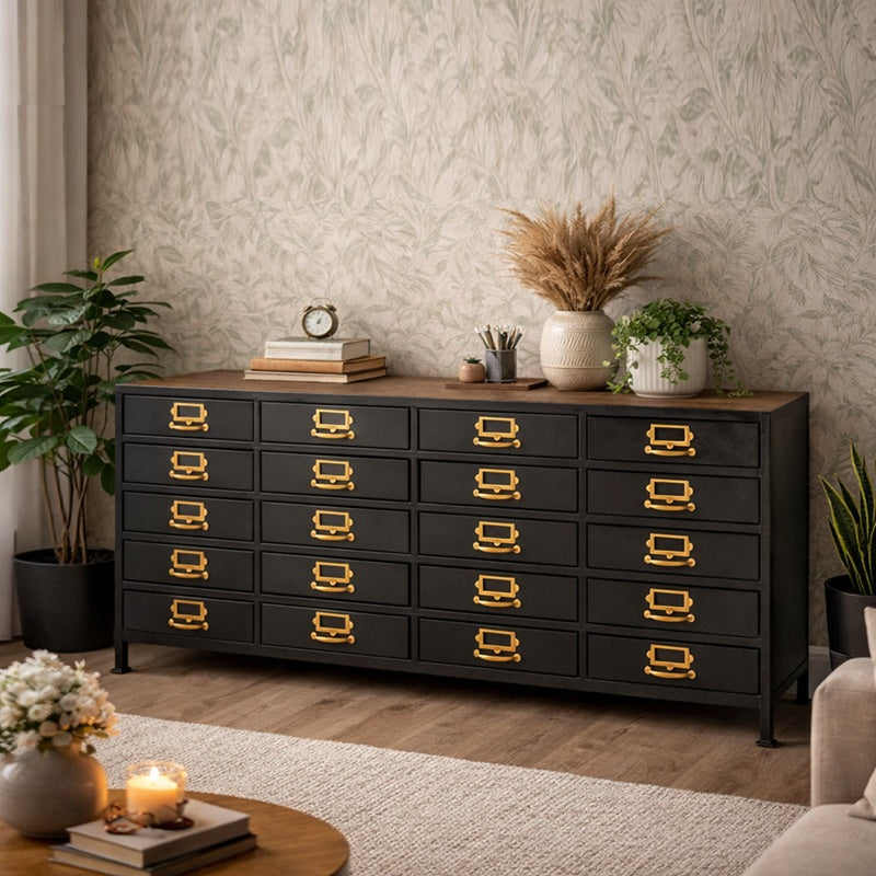 De Rizzo is een robuust industrieel dressoir met 20 laden volledig van staal met een mangohouten opblad.