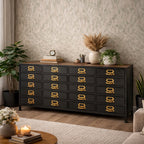De Rizzo is een robuust industrieel dressoir met 20 laden volledig van staal met een mangohouten opblad.