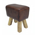 Vintage look voetenbank bekleed met donker bruin leer.