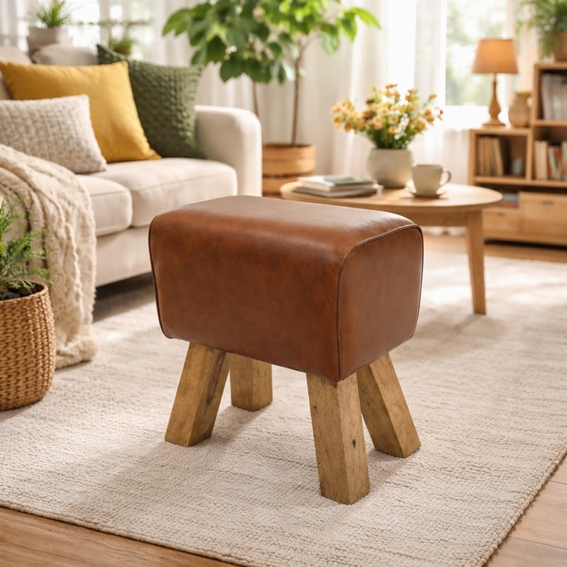 Het Rodeo krukje van leer en mangohout is een leuk vintage accessoire voor in je interieur.