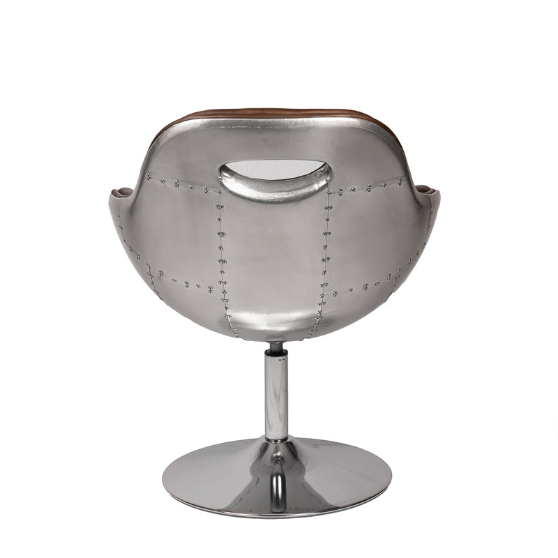 Draaibare fauteuil van aluminium en leer met een vintage uitstraling.