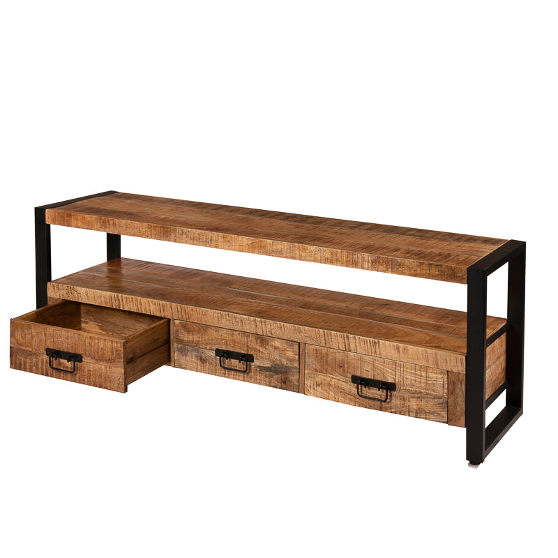 De tv-kast Simon van mangohout is een robuust industrieel meubel voor het plaatsen van een tv of andere accessoires.