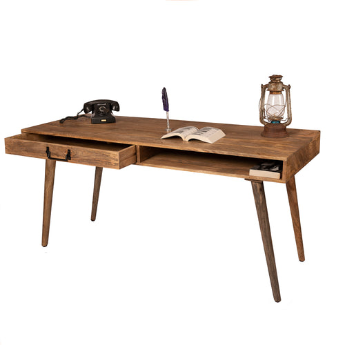 Mangohout bureau met lade en opbergruimte voor studieboeken.