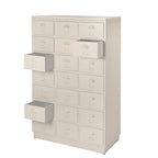 Nieuwe ladekast met 21 laden en refurbished look lak in de kleur wit.