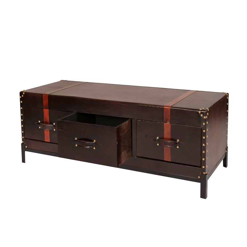 De vintage salontafel William staat op 4 poten van staal en is bekleed met leer.