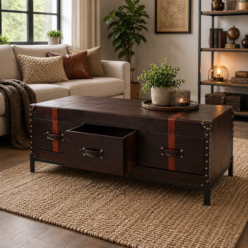 Salontafel van leer met 3 lades.